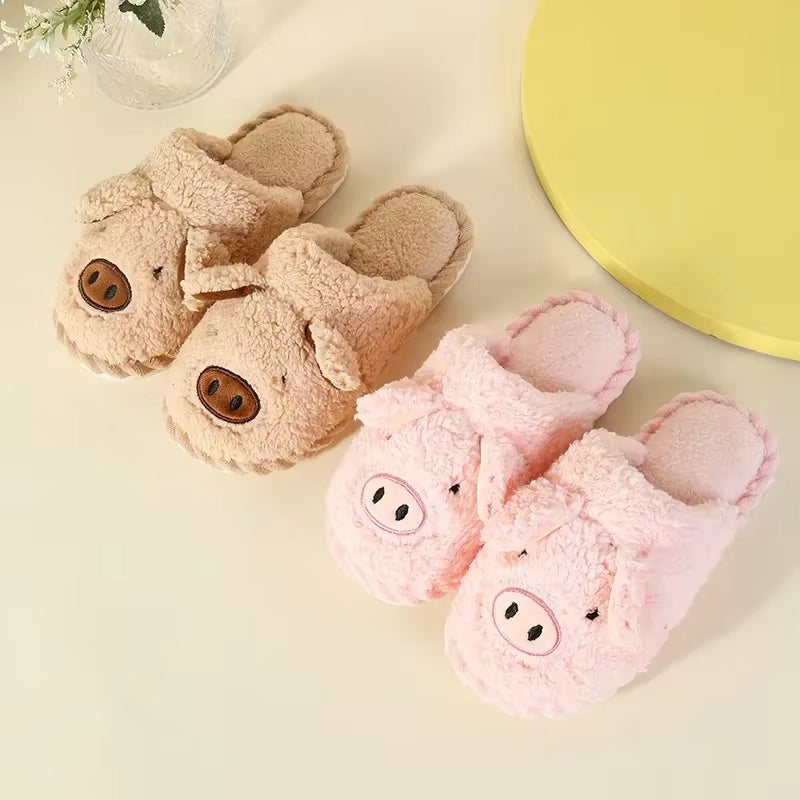 Woman Winter Cotton Slippers New Cut Lovely Pig Faux Fur Warm Slides Plush Slippers Couples Soft Sole Indoor Fluffy Slippers56